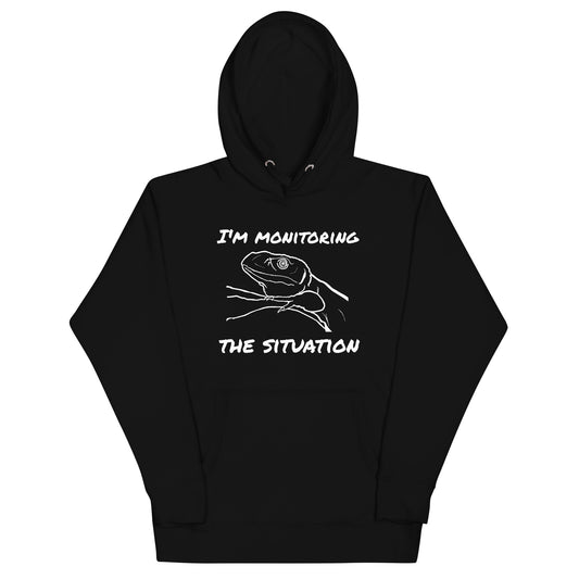 Monitoring the Situation White Text Hoodie